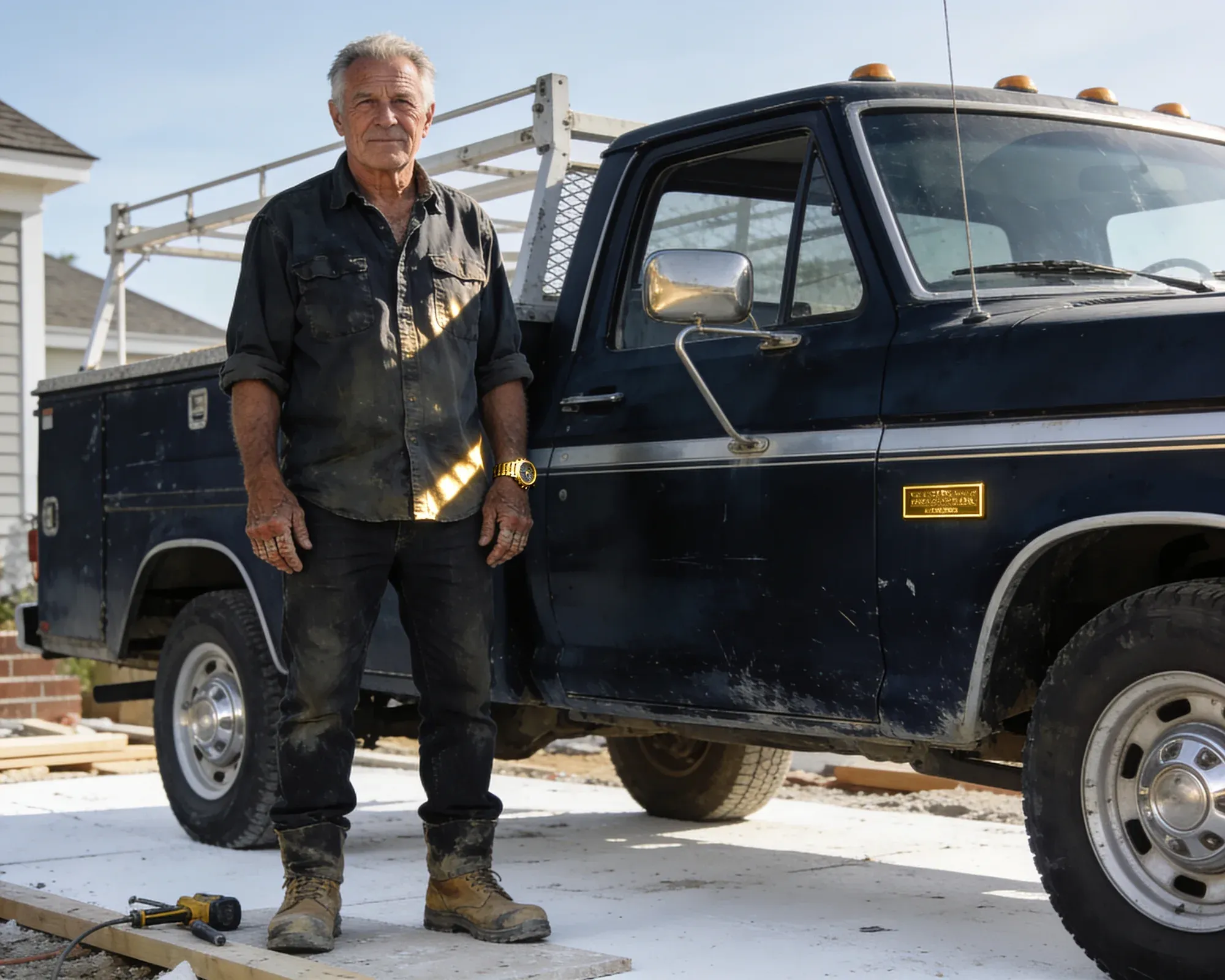 A home-services owner-operator on a real job site beside a work truck